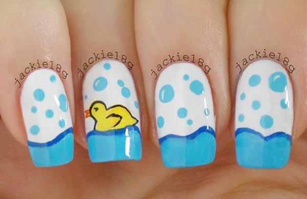 duck on blue white summer nails