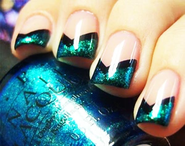 emerald shimmer black striped pointed french nails