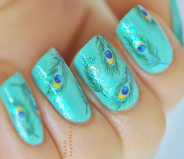 feathered aqua nails