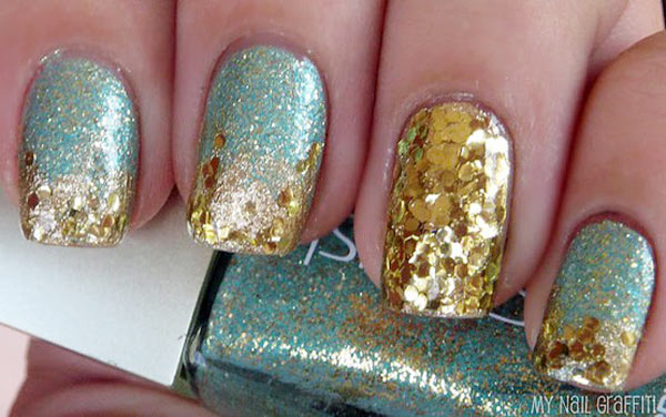 festive gold glitter party nails