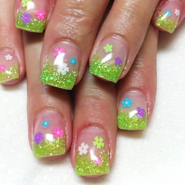 flowers decals green glitter french nails