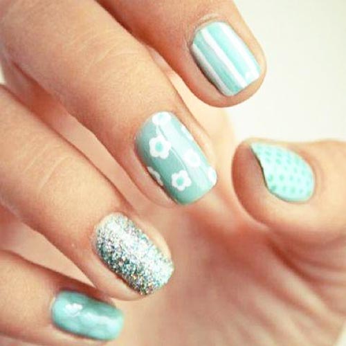 flowers dots stripes teal nails