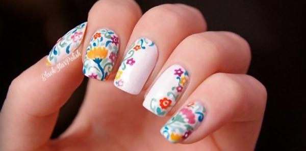flowers embroidery on white nails