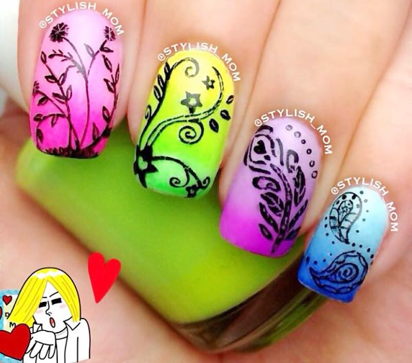 flowers feathers stamped rainbow gradient nails