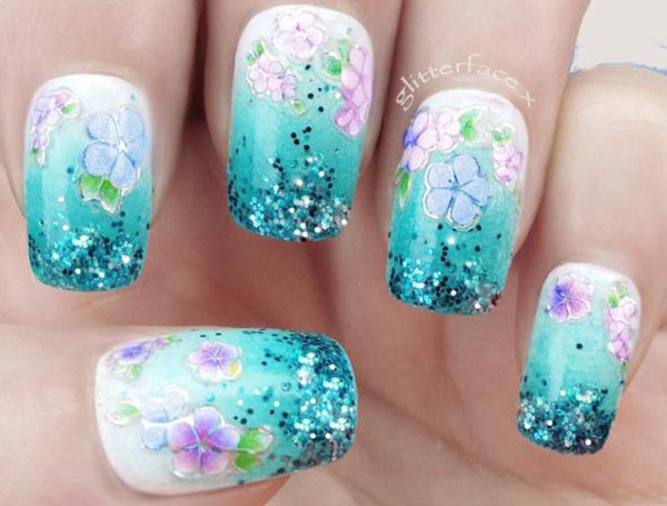 flowers glitter tropical teal gradient nails