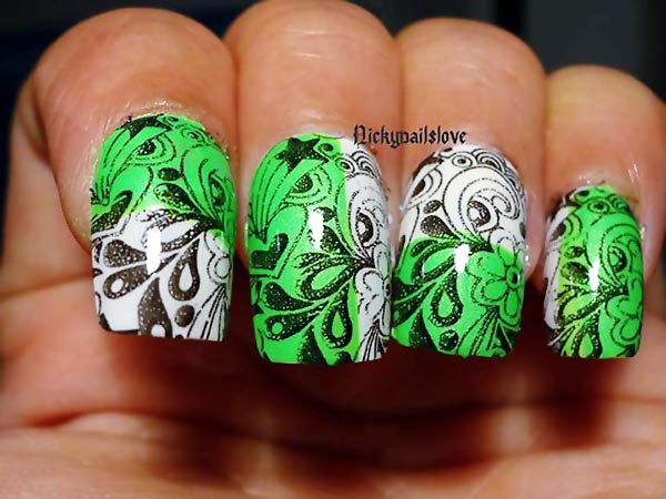 flowers stamped white green nails