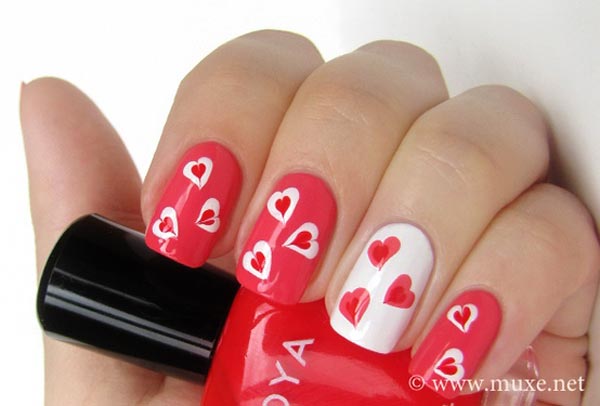 freehand hearts valentines day nails