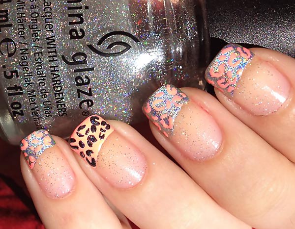freehand leopard silver french shimmer nails
