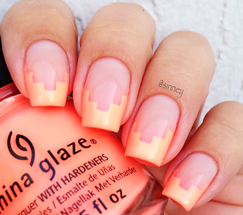 geometric french neon salmon summer nails