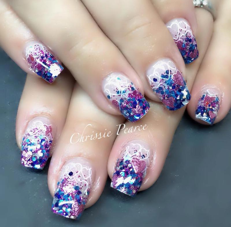 glitter french gradient hearts valentines day nails