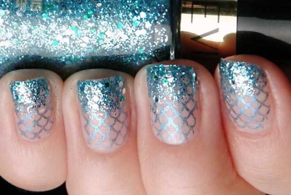 glitter gradient stamped mermaid nails