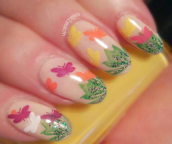 glitter grass butterflies spring easter nails