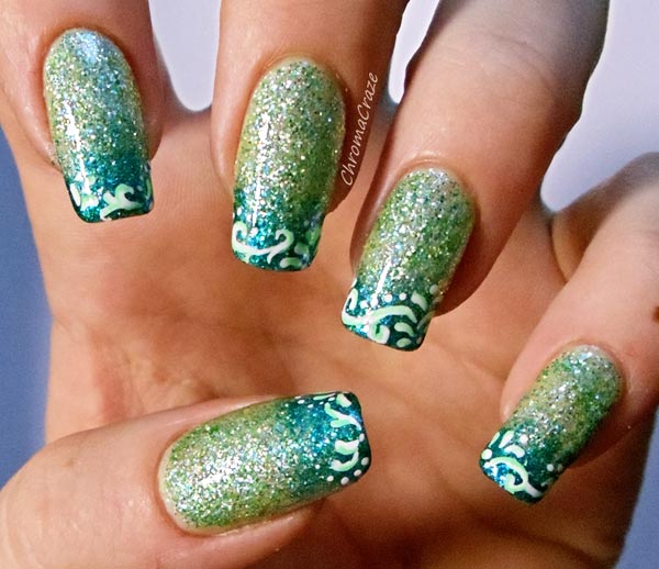 glitter green gradient nails