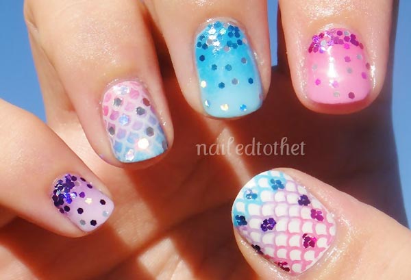 glitter mix stamped scales pastel nails