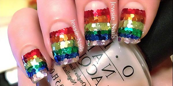glitter rainbow striped halfmoon nails