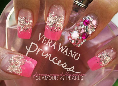 glitter rhinestones pink french nails