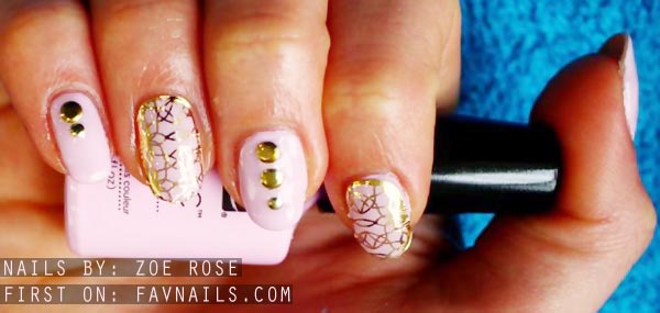 gold details studded pink nails