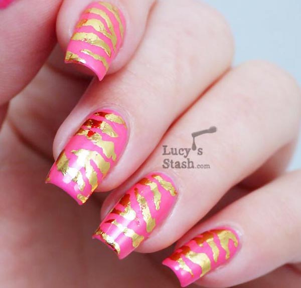 gold foil zebra pink nails
