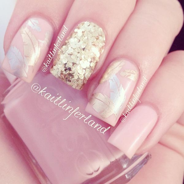 gold glitter feathers pink nails