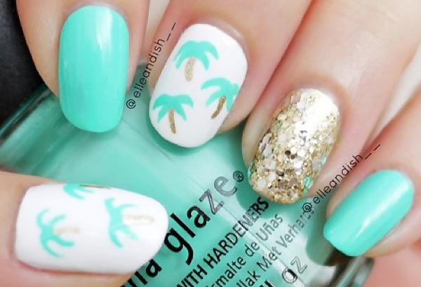 gold sequins palm trees teal summer nails