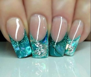 gorgeous aqua glitter tips french nails