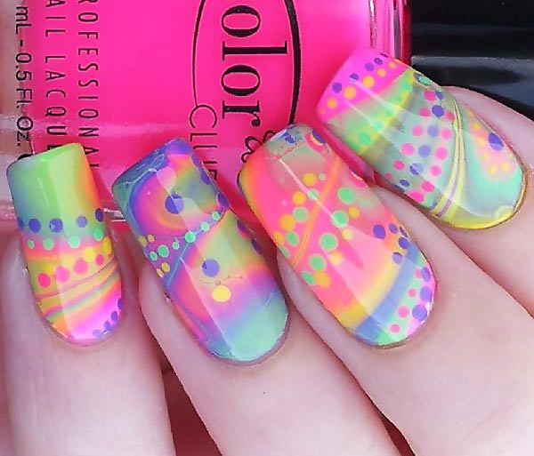 gorgeous neon marbled dotted nails