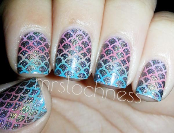 gradient fishscales stamped silver holo nails
