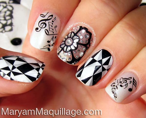 graphic musical black and white nails