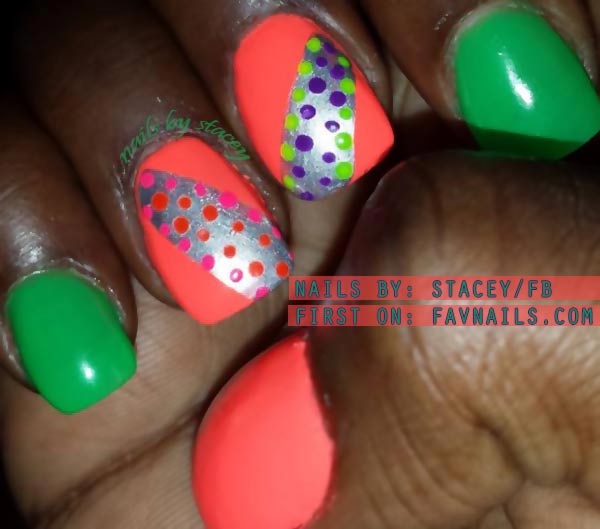 green coral neon silver dots accents nails