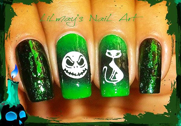 green crackle stamped halloween nails