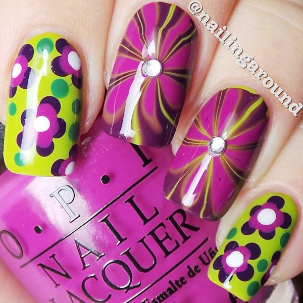 green purple dotted flowers marbled nails