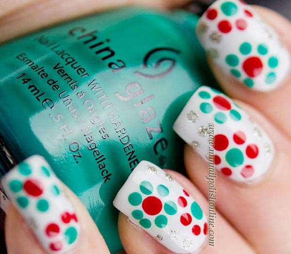 green red dotted flowers spring nails