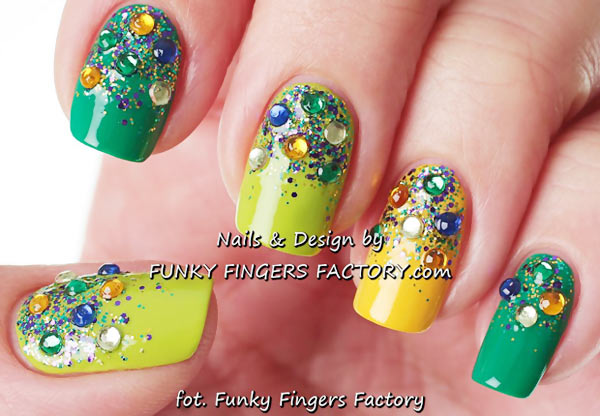 green yellow rhinestones glitter gradient nails