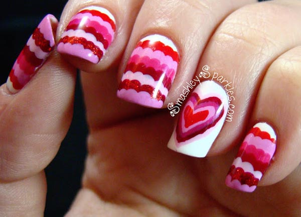 heart pink white red ruffled nails