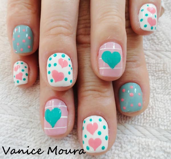 hearts dots pink teal white spring nails