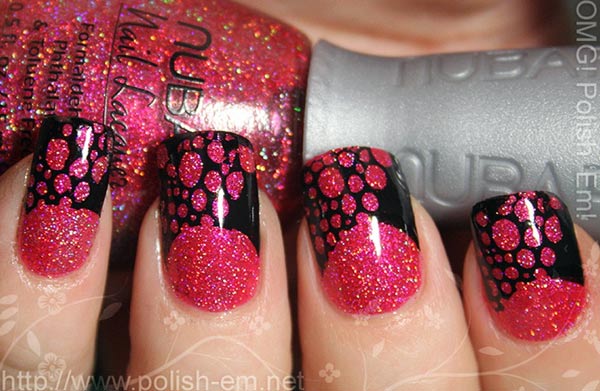 holo pink black stamped halfmoon nails