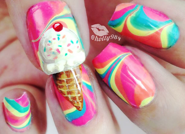 ice cream neon summer marbled nails