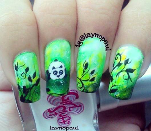 green gradient panda freehand nails