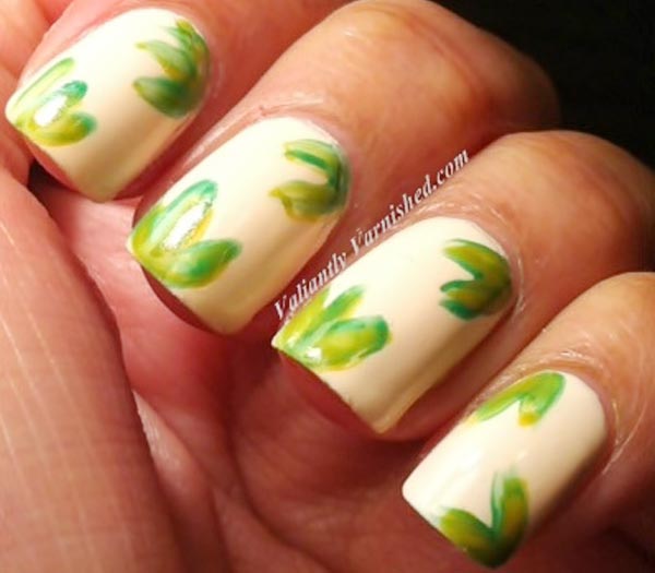 leaves on beige spring nails
