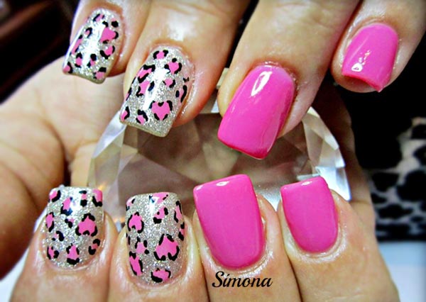 leopard hearts silver pink nails