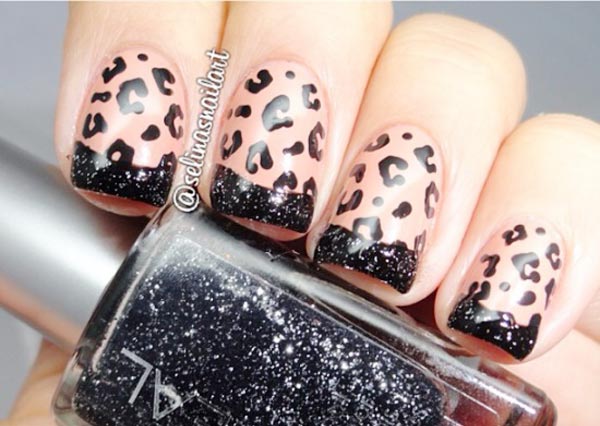 leopard nails black glitter french tips