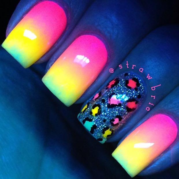 leopard neon gradient glitter glow in the dark nails