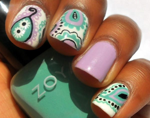 lilac green black white paisley nails