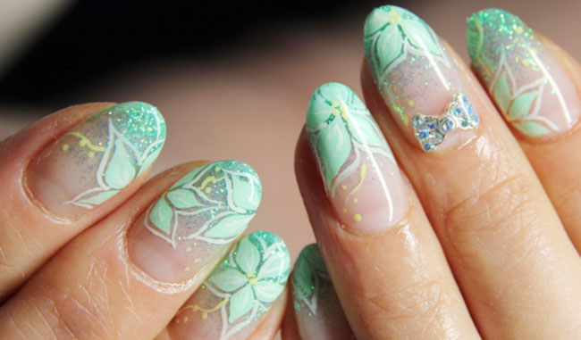 mint green flowers french glitter spring nails