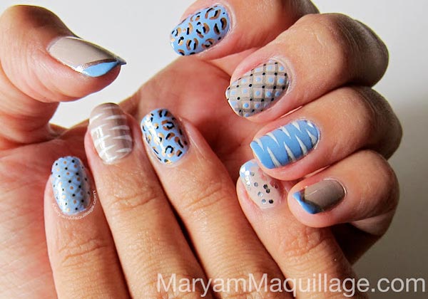 mixed patterns zebra leopard blue nails