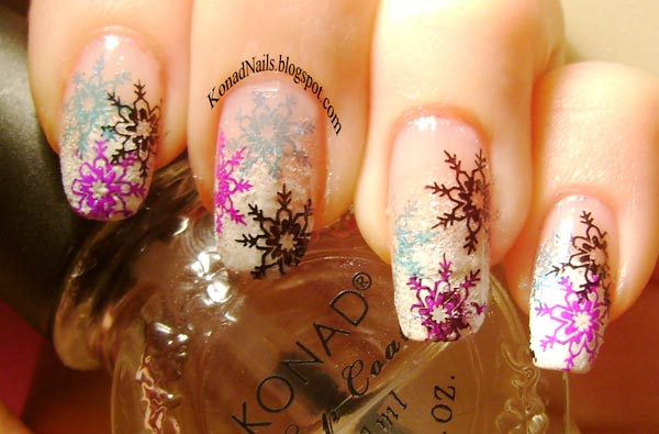 multicolored snowflakes french nails