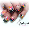 neon gradient flowers black glitter french nails