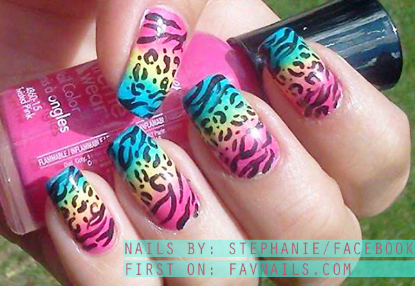 neon gradient freehand animal mix nails
