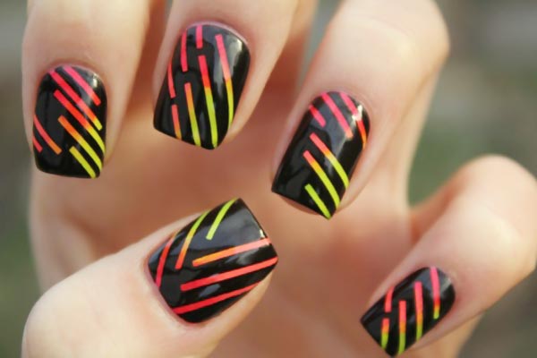 gradient neon stripes on black nails
