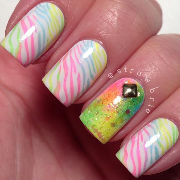 neon gradient zebra stamp summer nails